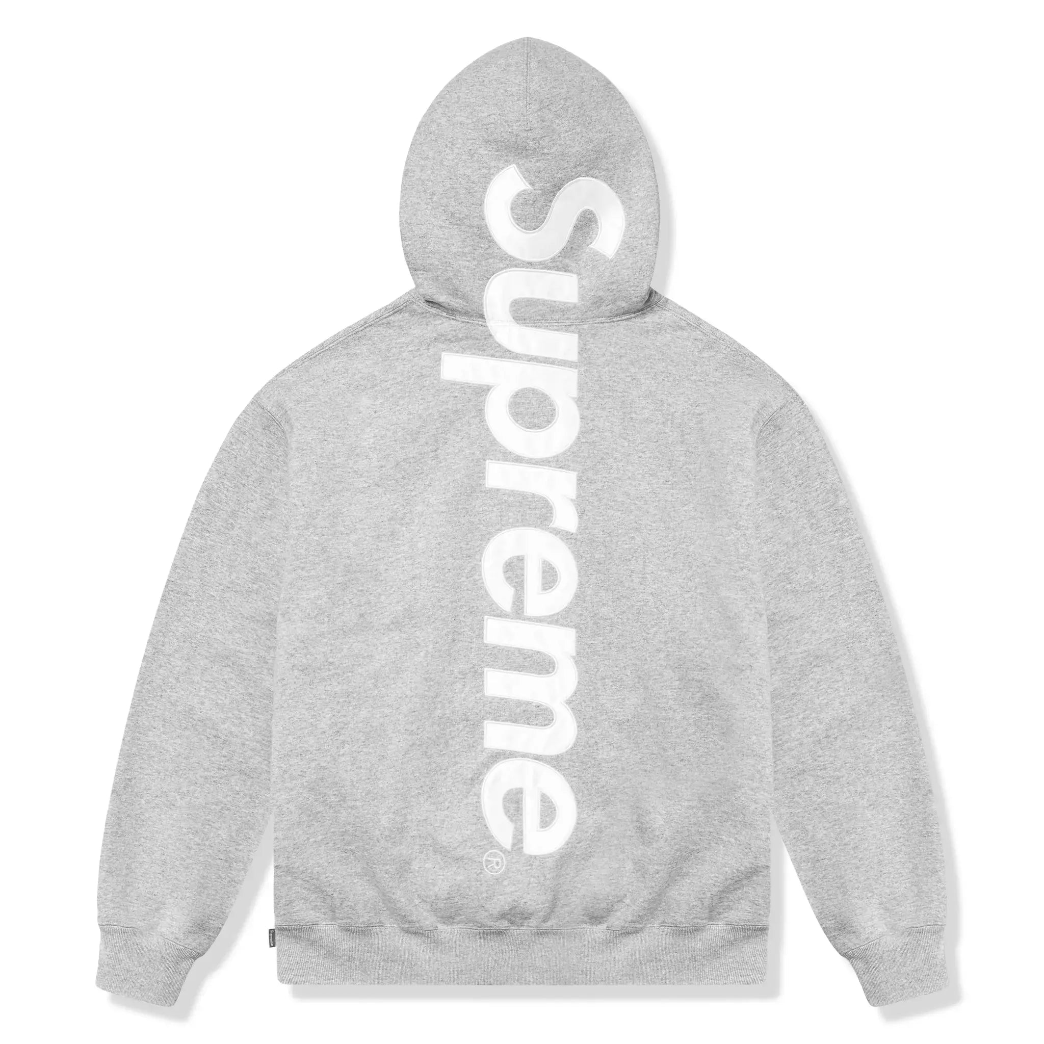 Back View of Supreme Satin Applique Heather Grey Hoodie (FW25) FW25SW77 HEATHER GREY